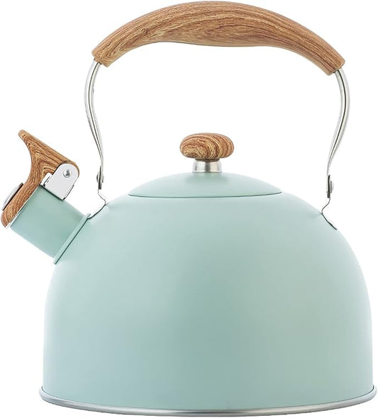 Vilihkc Tea Kettle 2.6 Liter Whistling Tea Kettle, Tea Pots for Stove Top Food Grade Stainless Steel with Wood Pattern Folding Handle, Loud Whistle Kettle for Tea, Coffee, Milk