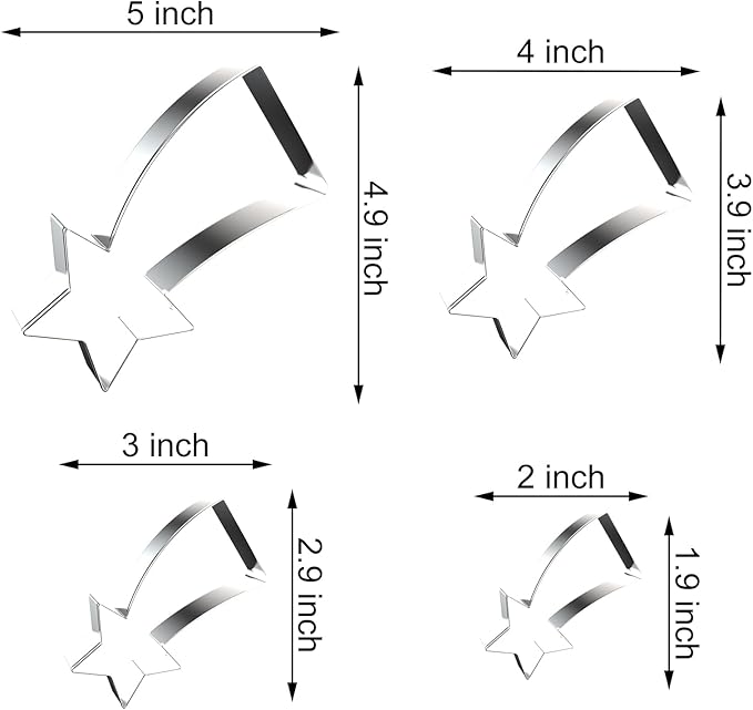 Shooting Star Cookie Cutter Set - 5 inch, 4 inch, 3 inch, 2 inch - 4 Piece Meteor Falling Star Cookie Cutters Shapes Molds - Stainless Steel