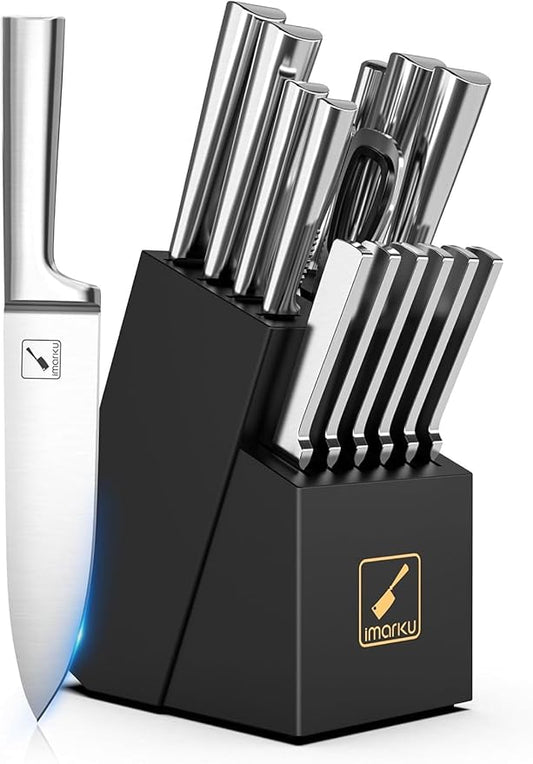 imarku Knife Set - 15PCS Kitchen Knife Set Japanese High Carbon Stainless Steel Knives Set for Kitchen, Dishwasher Safe Ultra Sharp Professional Chef Well Balance Knife Block Set, Black