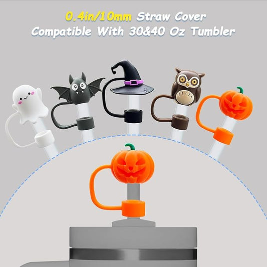 5 Pcs 0.4in Straw Cover for Stanley Cup, Silicone Straw Topper Set for 30&40oz Stanley Tumble, Fit for 10mm/0.4in Straws (Halloween)