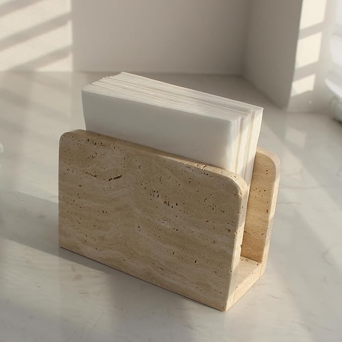 Natural Travertine Napkin Holder for Table, Upright Napkin Dispenser for Kitchen Dining Farmhouse Cocktail Picnic Bar 5.9x3.9x2.8 inches