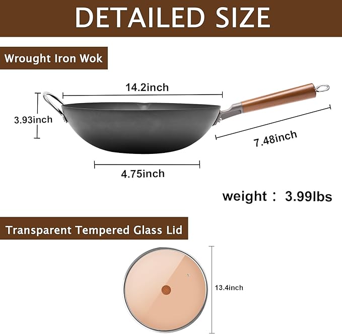 WANGYUANJI Carbon Steel Wok 14.2", Large Nitriding Flat Bottom Stir Fry Pan with Lid, No Chemical Coating Rust Resistant Iron Skillet for Induction Electric Gas Stoves, Big Capacity Serves 6+