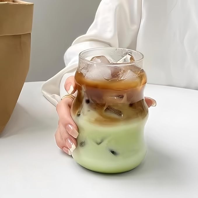 Ribbed Glass Cup 18 Oz Vintage Drinking Glassware Creative Ripple Glasses for Iced Coffee Juice Beverage Milk Cups Cute Wavy Glass Cups