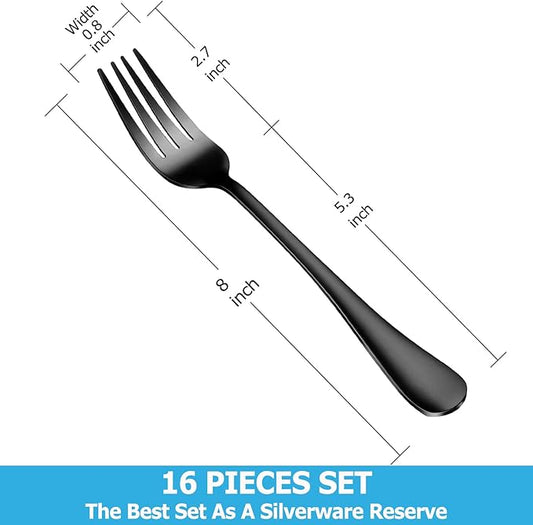 16 Piece Black Dinner Forks Set, Food-Grade Stainless Steel Silverware Forks, Cutlery Fork, Metal Fork for Home, Kitchen or Restaurant, Mirror Polished, Dishwasher Safe - 8 Inch