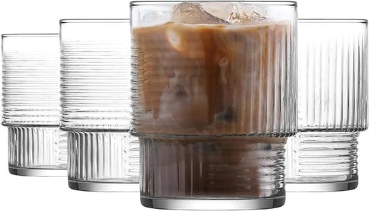 LAV Vintage Soft Drink Glass Set of 4 – 10.9 oz Ribbed Tumblers, Iced Tea, Iced Coffee, Water, Milk, Mocktails, Cold Brew, Durable, Lead-Free, Eco-Friendly Glassware, Home, Bar - Aesthetic, Elegant