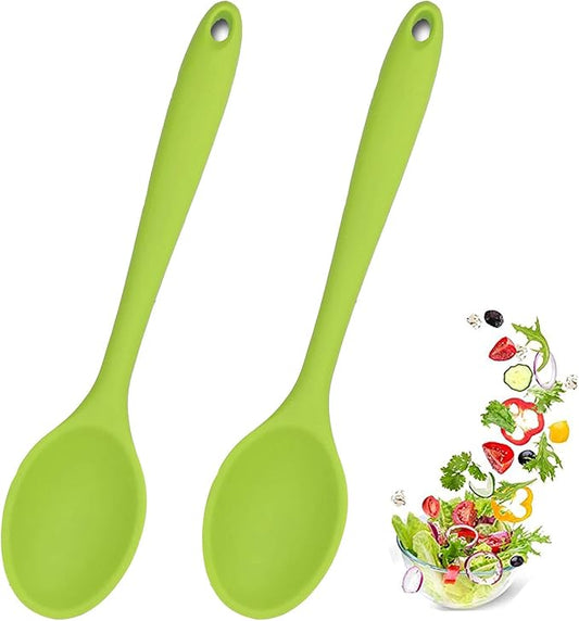 2 Pcs Silicone Spoons for Cooking Heat Resistant, Hygienic Design Cooking Utensi Mixing Spoons for Kitchen Cooking Baking Stirring Mixing Tools (Green)