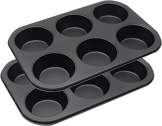 2 Packs 6-Cup Muffin Baking Pan Tin, Small Round Muffin Tin, Nonstick Cupcake Pans, Cheesecake Pans, Carbon Steel, Black