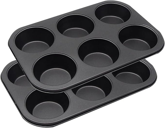 2 Packs 6-Cup Muffin Baking Pan Tin, Small Round Muffin Tin, Nonstick Cupcake Pans, Cheesecake Pans, Carbon Steel, Black