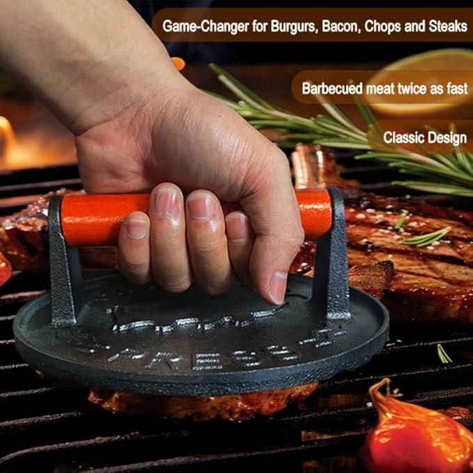 7inch Diameter Bacon Press, Grill Press, Burger Press, Meat Press, cast Iron Grill Press, cast Iron Grill, Iron Press, with Wooden Handle Perfect for Flat Top Griddle Grill Cooking