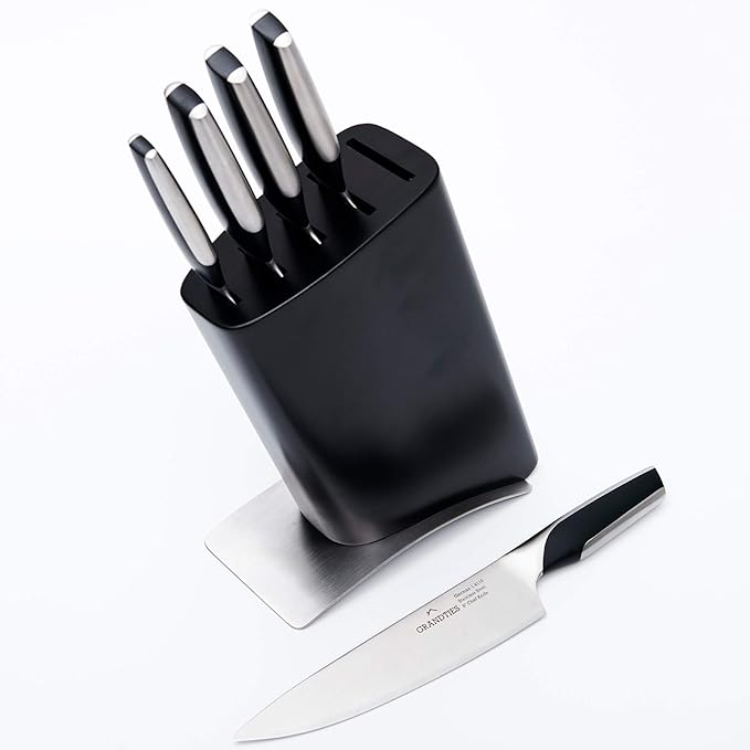 GRANDTIES 7-Piece Professional Kitchen Knife Set with Block, Kitchen Knives Sharpener | High Carbon German Stainless Steel, Ultra Sharp Chef Knife Set, Ergonomic Handle, Paring Knife, Carving