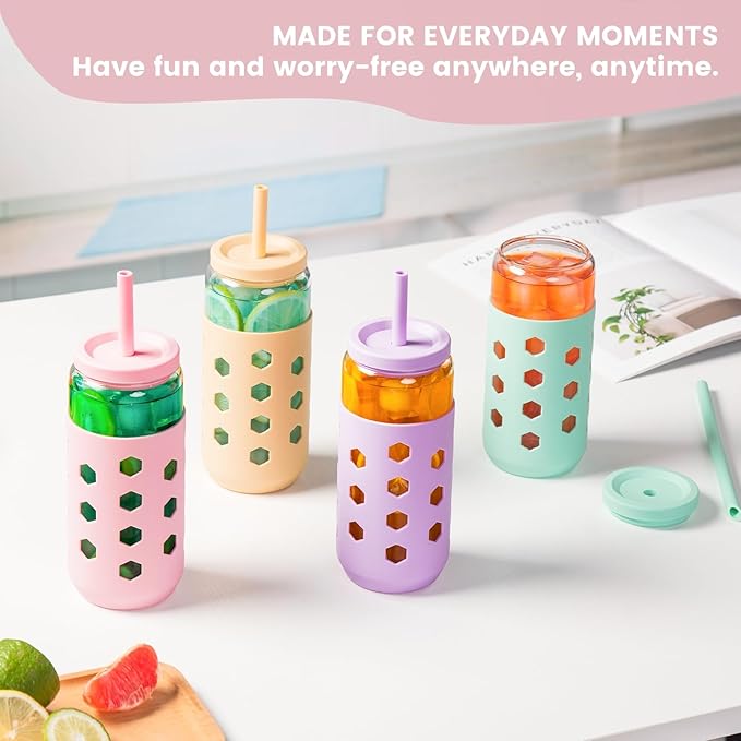 20 oz Glass Cups With Lids and Straws, 4-Pack Iced Coffee Cup - Smoothie Cup With Silicone Lid and Sleeve for Coffee Bar Accessory, Cute Drinking Glasses Set Reusable Glass Tumbler for Gifts