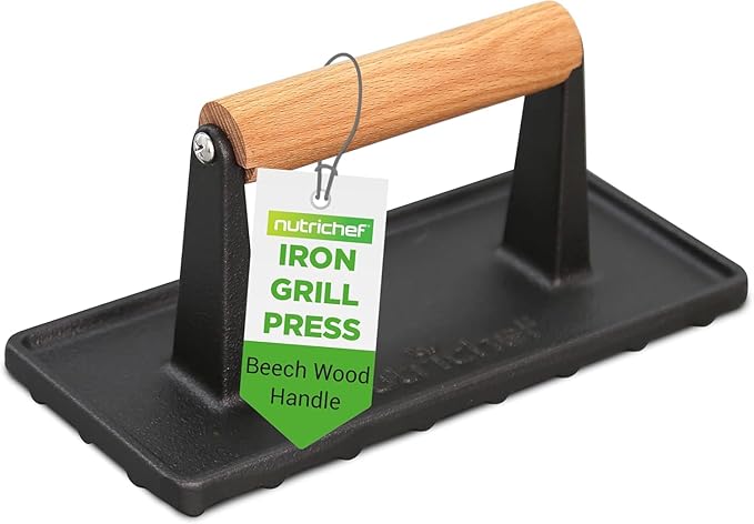 NutriChef Cast Iron Weight Grill Press – Heavy-Duty Griddle Press with Wooden Handle for Steak, Burgers, Bacon & Sandwiches, Creates Perfect Grill Marks