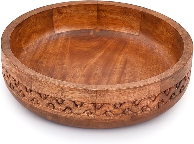 EDHAS Mango Wood Decorative Round Carved Bowl for Decoration, Centerpiece Bowl for Table (10" x 10" x 2.5")