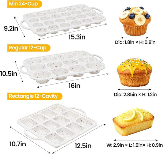 CAKETIME Metal Reinforced Bakeware Set, Silicone Muffin Pans for Baking Nonstick with Handle,12 & 24 Cup Muffin Pans and 12-Cup Mini Loaf Pan, BPA Free