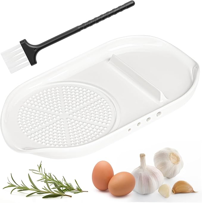 Luvan Garlic Grater Plate, 4 in 1 Ceramic Egg Cracker, Spoon Rest, Herb Stripper Bowl for Kitchen, Porcelain Garlic Ginger Grater with Brush & Silicone Pad for Grinding Wasabi, Ginger, Garlic, Cheese