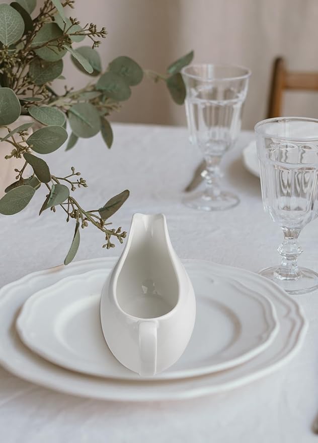 Gurygo Gravy Boat and Tray - 14oz Fine Porcelain Sauce & Salad Dressing Boat -Ceramic Sauce Boat for Gravy, Salad Dressings, Microwave & Freezer Safe (White)
