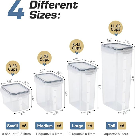 Airtight Food Storage Containers with Lids, Clear Pantry Canister Set for Kitchen Organization, Stackable Organizers for Flour, Sugar, Cereal, Rice, BPA Free Plastic 24 Pack with Different Sizes