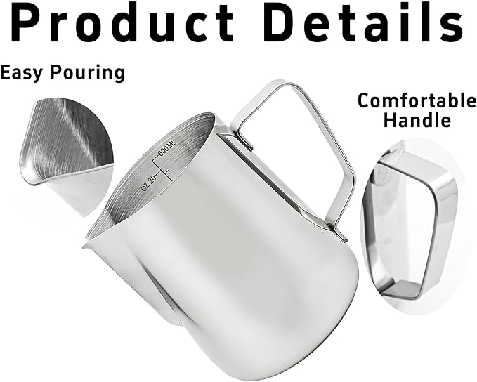 Stainless Steel Measuring Cup with Pour Spout, Metal Pitcher with Oz and ML Markings, Ergonomic Handle for Kitchen Baking and Coffee (20OZ/ 600ML- 2.4 Cup)