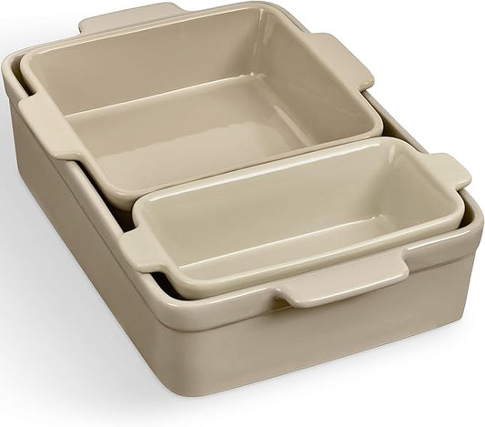 Best Choice Products 3-Piece Ceramic Bakeware Set, Stoneware Baking Dishes, Porcelain Casserole Bakeware Dishes, Serving Dishes - 9x12 Casserole, Loaf Pan, 8x8 Baking Dish - Mushroom Beige