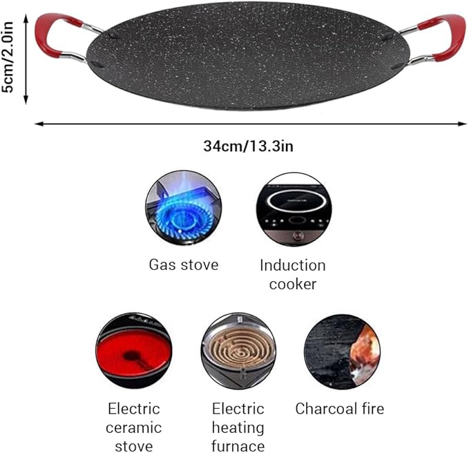 Korean BBQ Grill Pan, 13.3 Inch Nonstick Round Griddle Plate with Heat Resistant Handle for Indoor Outdoor Gas Stove Grilling Cooking