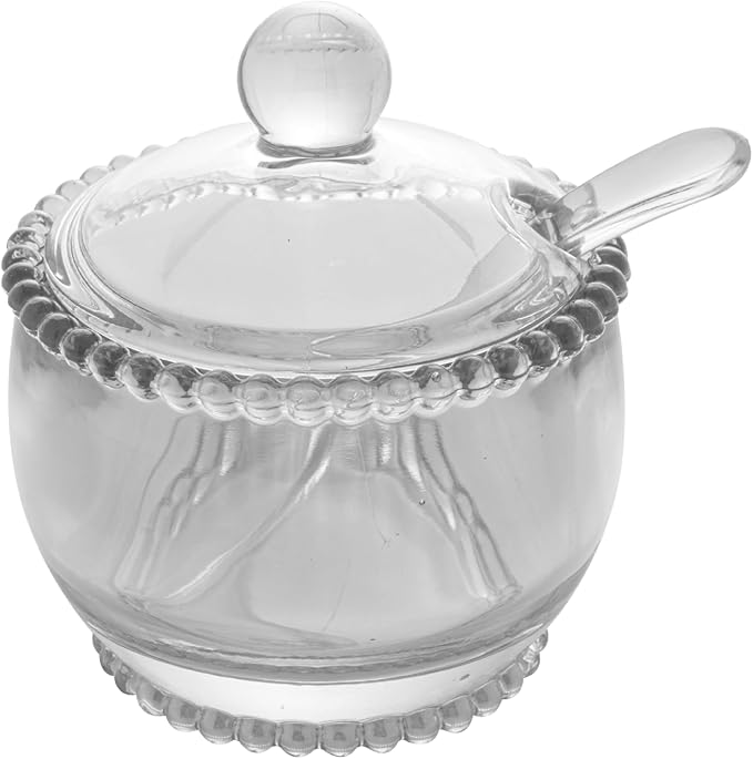 WOLFF Pearl Crystal Beaded Sugar Bowl with Lid and Spoon, Clear Crystal Sugar Holder, 6.7 oz Capacity, Dish for Salt Condiments and Spices (Clear, Sugar Bowl)