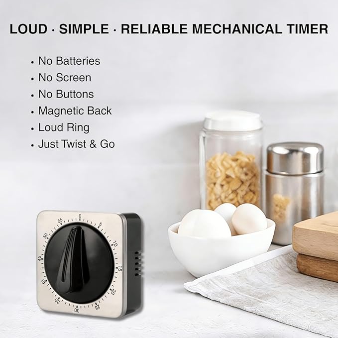 Searon Mechanical Kitchen Timer Magnetic with Loud Alarm, 60-Minute Manual Wind Up Analog Countdown Timer with Stainless Steel Scale, No Batteries for Chef Cooking, Baking, Egg, Oven, Seniors