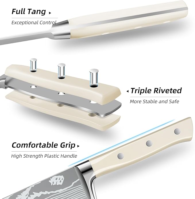 MDHAND Professional Chef Knife Set with Roll Bag, 9PCS Japanese Kitchen Knife Set with Sharpener, High Carbon Stainless Steel Kitchen Knives - Forged Triple Rivet, Dishwasher Safe, Chef Gifts, White