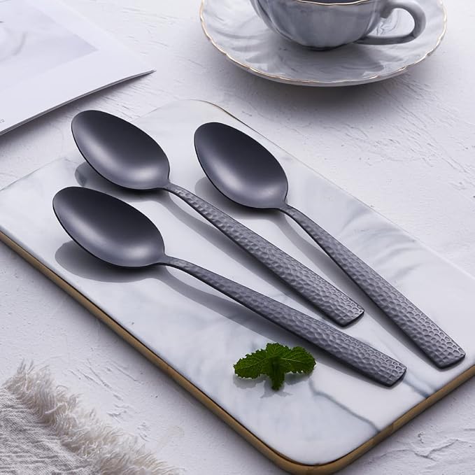 Matte Black Dinner Spoon Set of 6, FULLYWARE 8.0 inches Stainless Steel Black Spoon Silverware, Satin Finish.