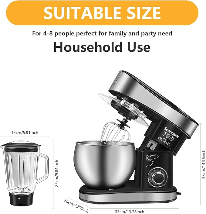 SeaSpark Multifunctional Stand Mixer, 6 in 1 Stand Mixer, 6.3Qt Tilt-head, Standing Mixer with Stainless Steel Bowl, Meat Grinder, Juice Blender, for professional Baking and Most Home Cooks, Black