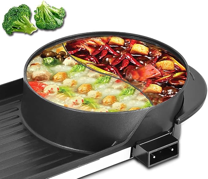 Hot Pot Electric with Grill 2 in 1 Indoor Non-Stick Shabu Pot and Frying Pan Portable with Grill Dual Temperature Control Fast Heating for BBQ, Steaks (Large-Black)