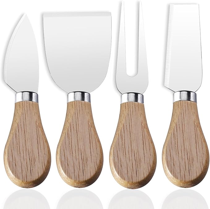 4-Piece Set of Stainless Steel Cheese Knives with Wood Hand, Including Cheese Slicer and Cheese Cutters, Essential Cheese Tools for the Kitchen (Oak handle, Silver)