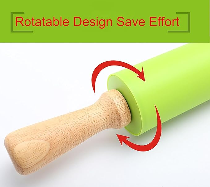 Silicone Rolling Pin, Green 11.4 Inch Pin with Wooden Rotatable Handle for Dough of Baking Bread, Cookie, Pizza (green, 9 inch) (green, 11.4 inch)