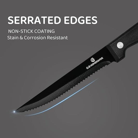 G.a HOMEFAVOR Steak Knife Set: 8-Piece Stainless Steel Sharp Serrated Knives Set with PP Handle for Kitchen, Full Black