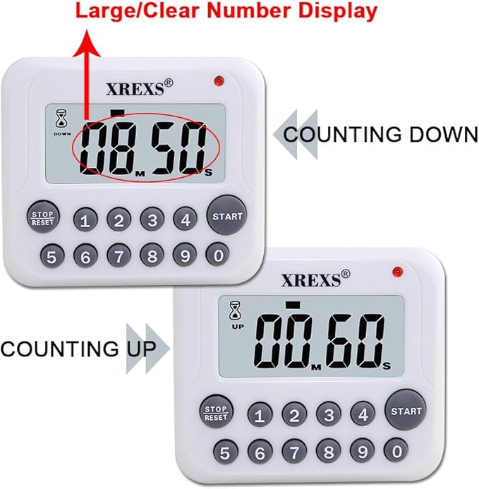 XREXS Digital Kitchen Timer Magnetic Countdown Up Cooking Timer Clock with Magnet Back and Clip, Loud Alarm, Large Display Minutes and Seconds Directly Input-White (2 Pcs, Battery Included) PS-367