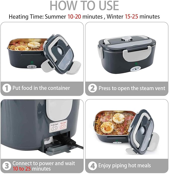 Electric Lunch Box For Adults, 80W Heated Lunch Box for Men 1.5L Stainless Steel, Portable Food Warmer for Car Truck Work, 12/24/110V, Loncheras Para Hombres De Trabajo, Heatable Lunchbox,White Grey
