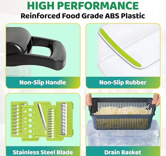 Vegetable Chopper Mandoline, Onion Chopper 16 in 1 Multifunctional Food Chopper with 9 Blades Slicer Dicer Cutter & Dicing Machine with Container in Grey and Green Colour
