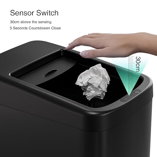 ELLO&ALLO 13 Gallon Touchless Motion Sensor Trash Can, Rectangular Kitchen Waste Bin with Roll Up Lid and Wheels, Matte Black