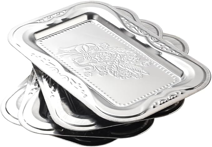 4-Pack Small Silver Serving Trays Set - ZENOVLUX Lightweight Bow Floral Engraved Mirror Decorative Tray, 11.4" x 7" Party Platters for Valentine's Day, Food, Appetizer, Charcuterie, Cookies, Desserts