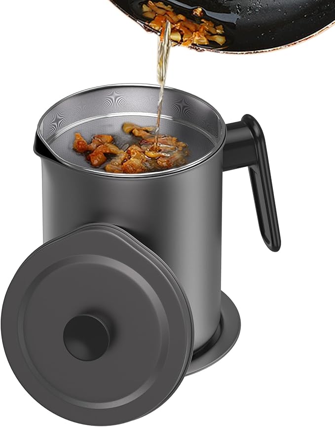 Bacon Grease Container with Fine Mesh Strainer - 1.7L / 6.8 Cups Cooking Oil Storage Can with Removable Dustproof Lid and Coaster Tray - Oil Pot for Used Cooking Oil, Fat, Frying Oil, Kitchen Fat
