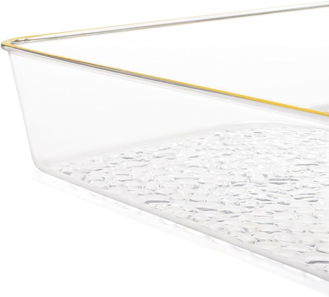 4 Pack Clear Serving Trays, Deep Serving Platters Rectangle 12'' x 8'', Decorative Tray with Gold Rim, Reusable Plastic Tray Organizer for Coffee Table Pantry Party Food Display Spill Proof