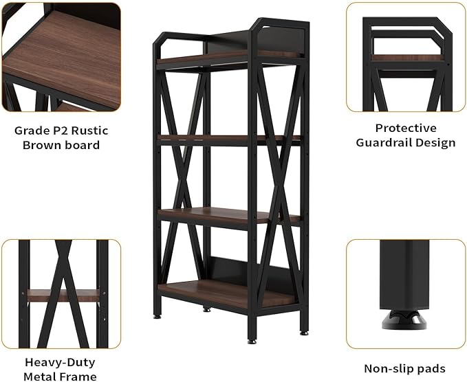 Bakers Rack with 4-Tier Adjustable Wood Shelves, Heavy-Duty Metal Frame Kitchen Shelf Organizer, Microwave Stand for Kitchen, Living Room, Apartments, 33.5'' Wide for Extra Space