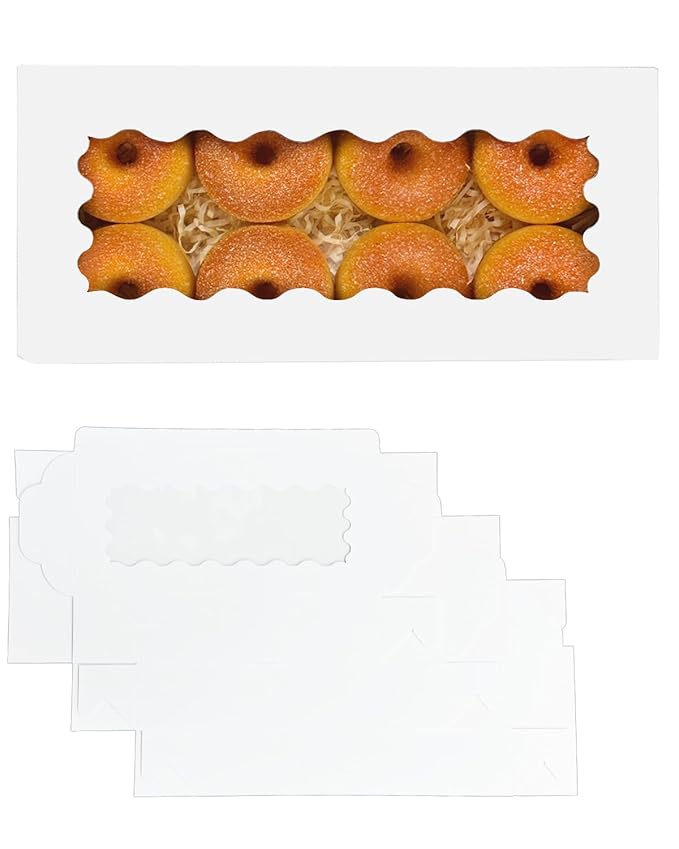 qiqee 50 Packs White Cookie Box with Window 12x5.5x2.5 Inch Two Uses Pastry Biscuit Bakery Box For Packaging