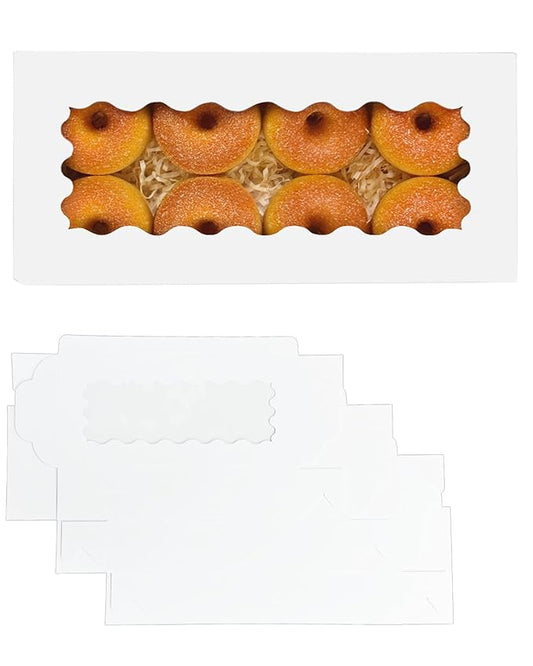 qiqee 50 Packs White Cookie Box with Window 12x5.5x2.5 Inch Two Uses Pastry Biscuit Bakery Box For Packaging