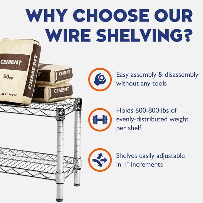 Shelving Inc. 8" d x 42" w Chrome Wire Shelving with 3 Tier Shelves, Weight Capacity 800lbs Per Shelf