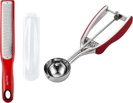 Spring Chef Stainless Steel Zester, Fine Shred & Multifunctional Medium 1.7 Tbsp Cookie Scoop, #40-2 Product Bundle - Red