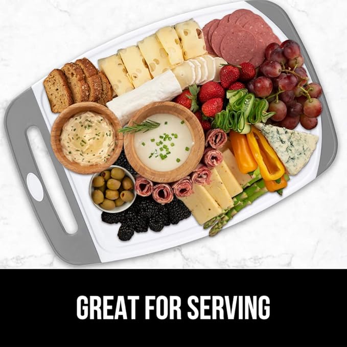GORILLA GRIP BPA-Free Reversible Kitchen Cutting Board Set of 3, US Designed, Nonporous, Juice Grooves Catch Liquid, Slip Resistant Border, Dishwasher Safe, Durable Large Food Chopping Boards, Gray