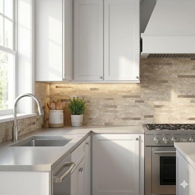 Yipscazo 20 Sheets Peel and Stick Stone Metal Backsplash, PVC Wall Tiles Stick on Tiles for Backsplash Kitchen, Bathroom, Fireplace (6'' X 12'', Beige Stone)