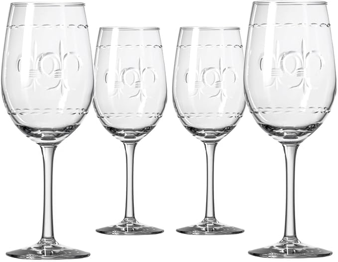 Rolf Glass Fleur De Lis White Wine Glass 12 ounce - Stemmed Wine Glasses Set of 4 – Lead-Free Glass - Diamond Wheel Engraved Wine Glasses - Made in the USA