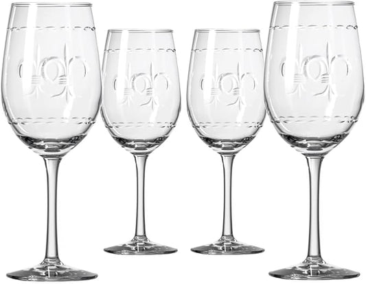 Rolf Glass Fleur De Lis White Wine Glass 12 ounce - Stemmed Wine Glasses Set of 4 – Lead-Free Glass - Diamond Wheel Engraved Wine Glasses - Made in the USA