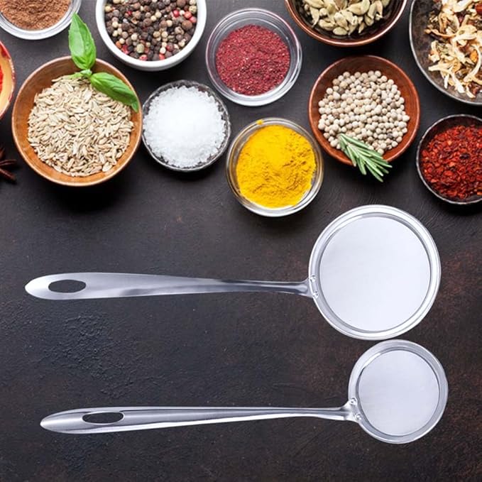 Vctitil 2 Pcs 2.9inch Fine Mesh Food Strainer Stainless Steel Skimmer Spoon Hot Pot Fat Strainer with Long Handle for Skimming Grease and Foam,9.64inch Long